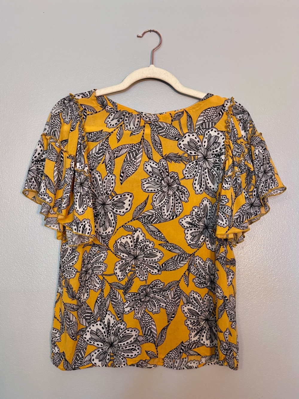 LOFT Yellow Floral Ruffle Sleeve Blouse